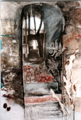 Through The Arch 2’x4’ 1993 Charcoal, caustic soda, collage, paint, singeing, scratching, glue