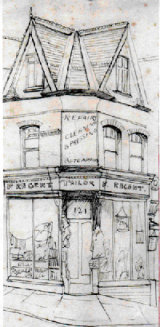 Corner Shop 1950 Small pen and ink drawing in Sketch Book