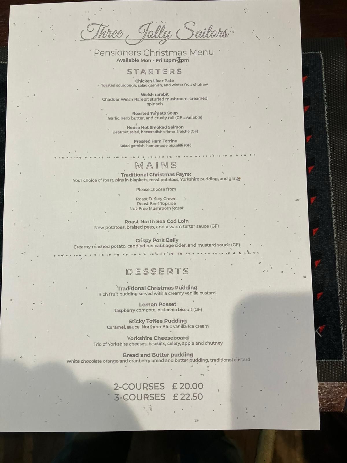 Jolly Sailors Xmas menu 2025