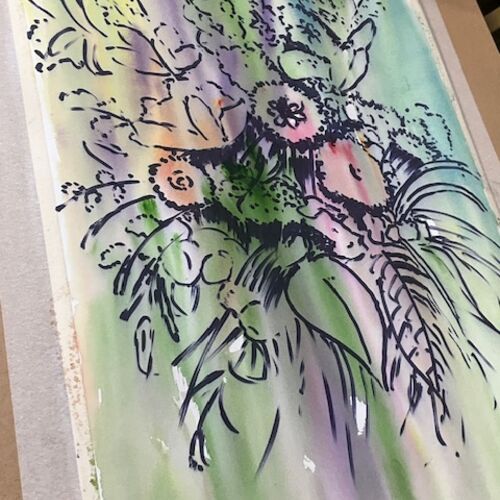 Stage One - permanent marker drawing and watercolour