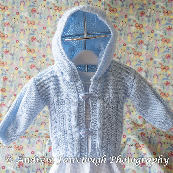 Cable and Moss Stitch Hooded Jacket - Blue