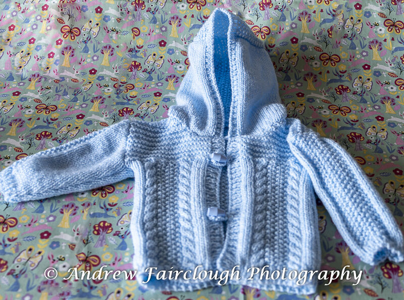 Cable and Moss Stitch Hooded Jacket including measurements - Blue