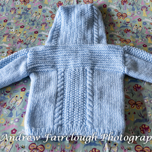 Cable and Moss Stitch Hooded Jacket - Blue