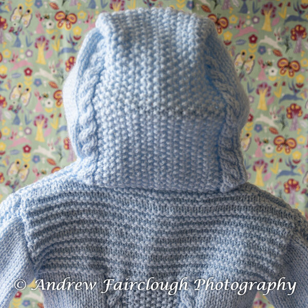 Cable and Moss Stitch Hooded Jacket - Blue Jacket.