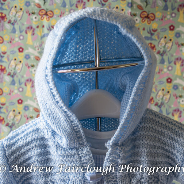 Cable and Moss Stitch Hooded Jacket - Blue.