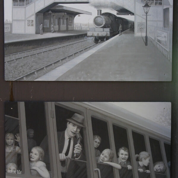2 smaller paintings on the adjacent wall: a broadcast from this station by the young John Betjeman 1936, and the station itself at that time.