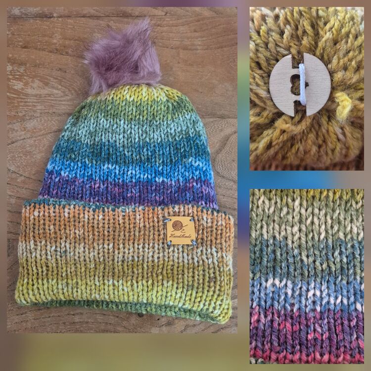 Hand Knitted Fluffy Pom Pom Bobble Hat