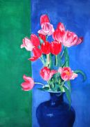 Pink Tulips in Blue Vase