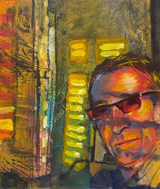 'Hugh at sunset through the blinds'