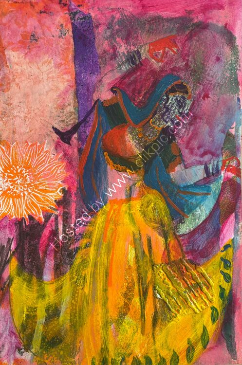 'Bollyjoy dancer' Gel plate, collage and acrylic