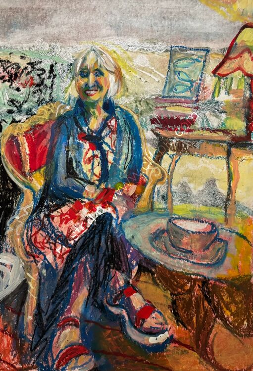 SOLD 'Liz at Brigsy's Herne Bay', oil pastel over collagraph