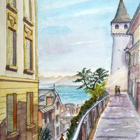 Vue vers le Château de Nyon et le lac