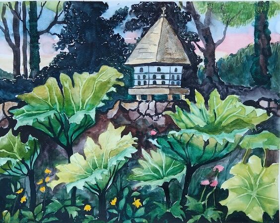 "Dovecot and Gunnera with Flowers and Doves" by Margaret Cummins