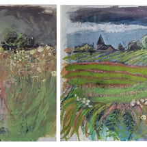 On the right - "Kilrenny Church, fields, trees, grasses and flowers" by Margaret Cummins