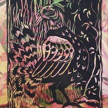 Lino cut print on catalogue page by Rowena Millard