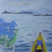 Kayak heading to small islands on right, Eigg and Rhum to the left and Hydrangea from garden! by Liz Bibby