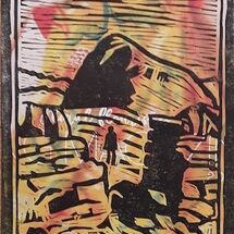 Lino cut print on catalogue page by Liz Bibby