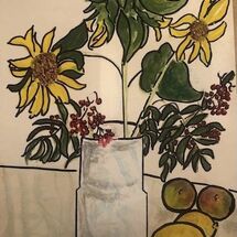 "Vase on a table with Sunflowers and Fruit" by Gwynith Young