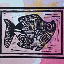 Lino cut print on collaged paper by Ingrid Mayes