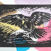 Lino cut print on collaged background by Dorothy Turvey