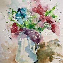 "Freesias in a glass jug" by Moira MacPherson
