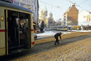 Tram driver clearing tracks of snow, Düsseldorf. Germany. 1980s