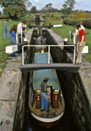 Narrow boat in a lock on the Macclesfield canal in the 70s.