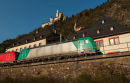 Freight train passing the Marksburg, Braubach.
