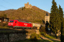 Freight train passing Burg Maus, St. Goarshausen.