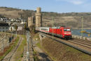 Intercity passing Oberwesel in Rhine Gorge.