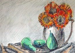 Sunflowers and Pears, 6in x 8in, coloured pencils