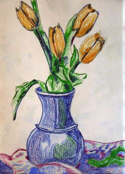 Four Tulips in a Blue Vase, 2020, 15cm x 20.5cm, coloured pencils,