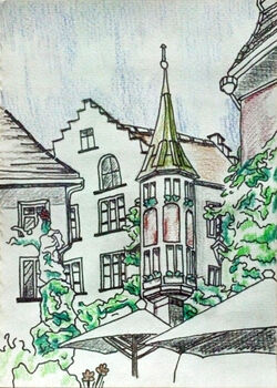 Market Town, 15cm x 20.5cm, mixed media