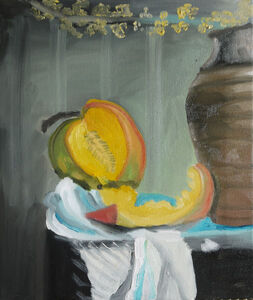 Melon and Pot, oil on canvas, 37cm x 45cm