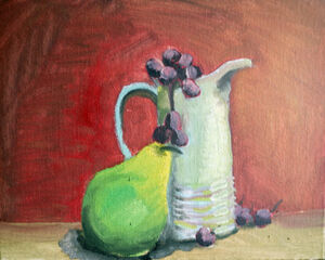 Pear with Milk Jug, 20cm x 25.5cm, oil on board