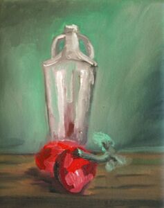 Tomatoes and Glass Jar, 20cm x 25.5cm, oil