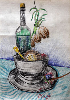 Wine and Silverware, 2020, 15cm x 20.5cm, coloured pencils