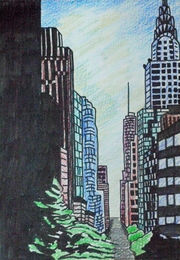 city skyline, mixed media, 6in x 8in
