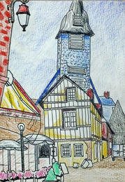 french market town, mixed media, 6in x 8in