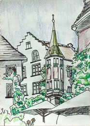 market town, pen and coloured pencils, 6in x 8in