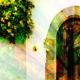 Wooden door in white wall