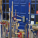 Blue door with pieces