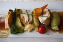 Main course of guinea Fowl and roasted vegetables at the Auberge de la Source, southern Normandy.
