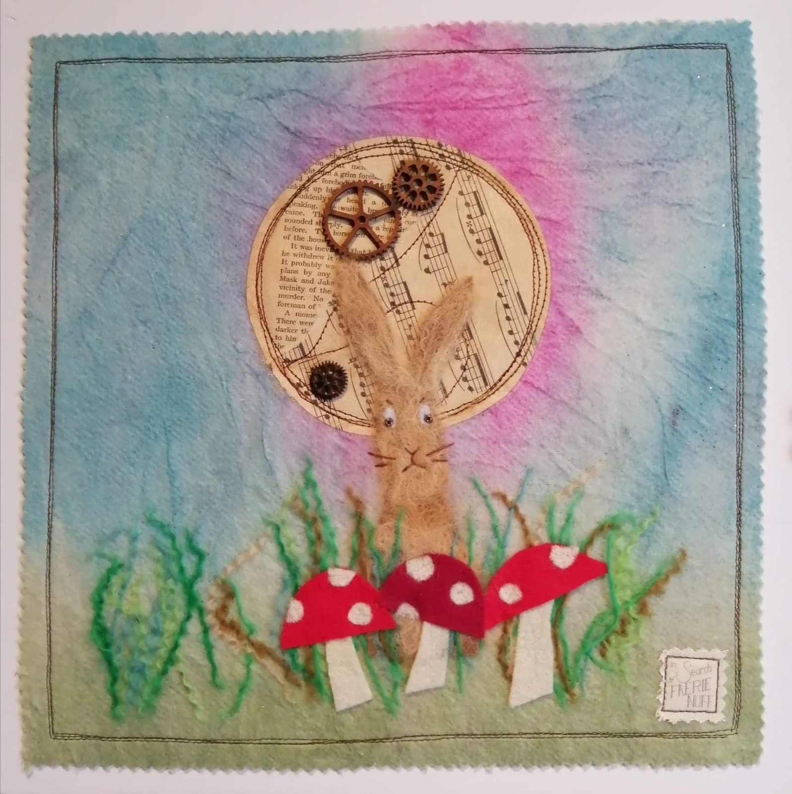 Mixed media hare and toadstools picture