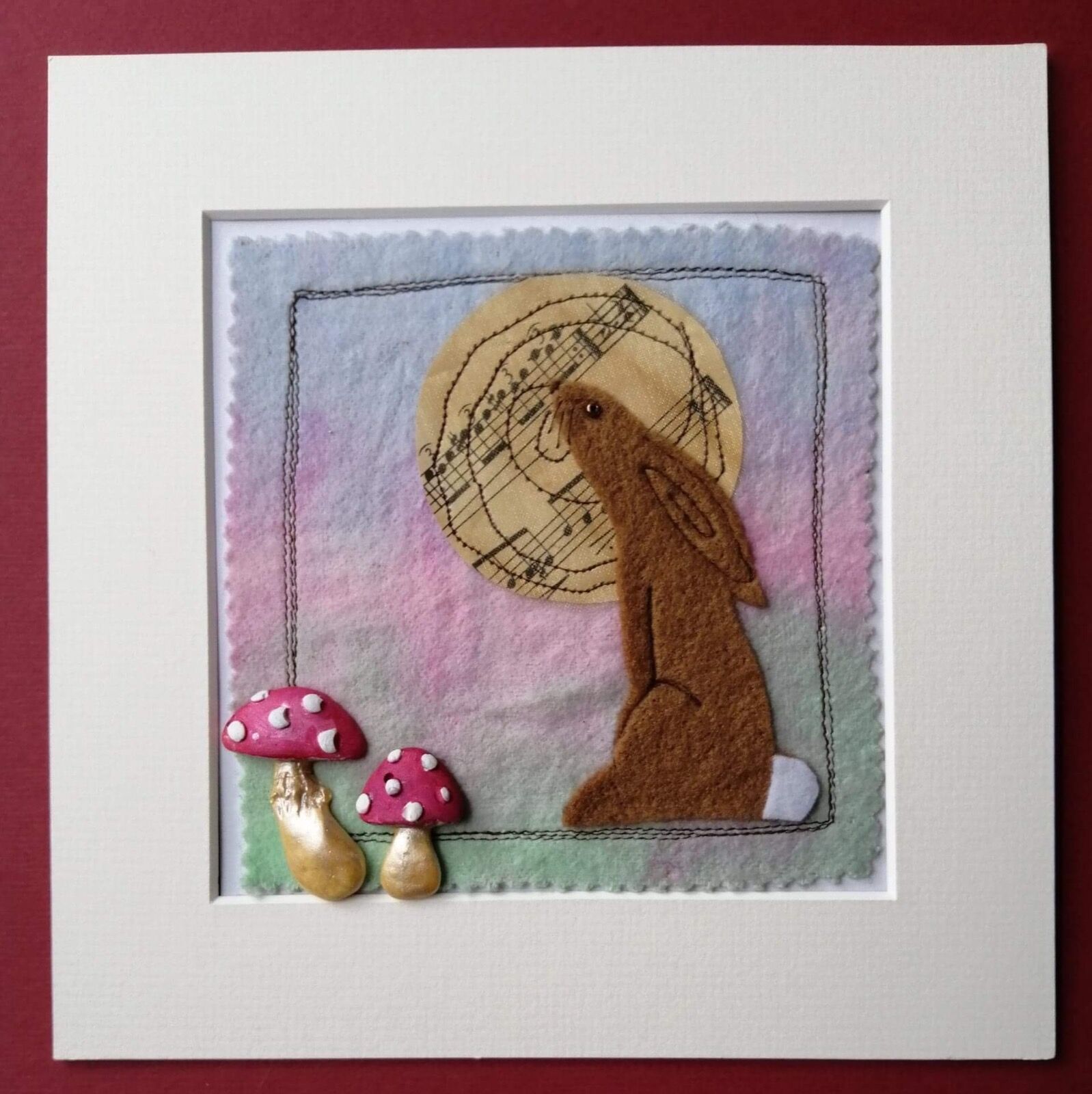 Hare and shrooms, mixed media picture