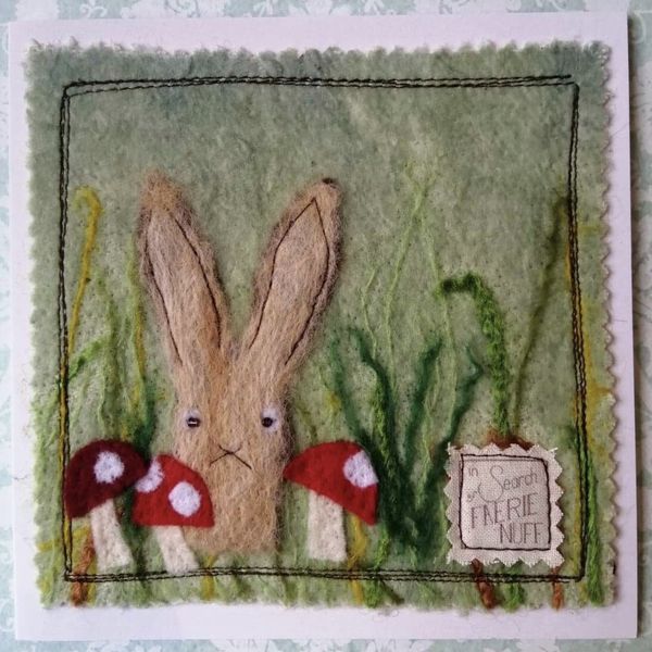 Mixed Media Hare amongst the Toadstools Greetings Card