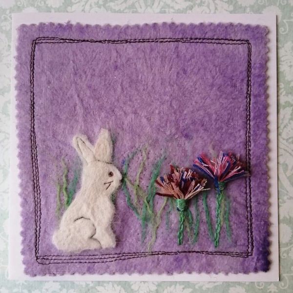 Mixed Media White Rabbit and Flowers Greetings Card
