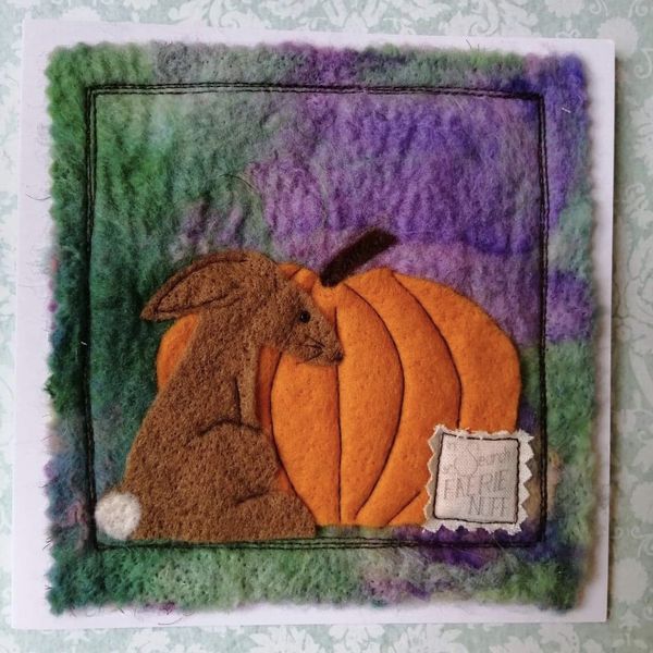 Mixed Media Hare and Pumpkin Greetings Card