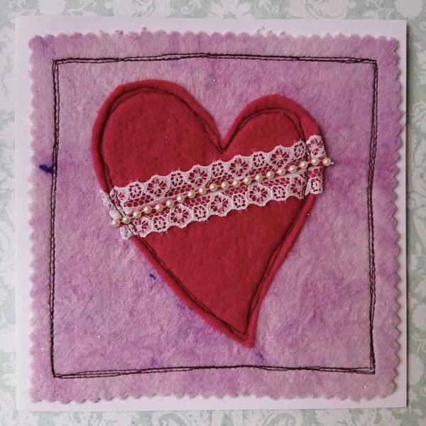 Mixed Media Heart Greetings Card (Bead and Lace)