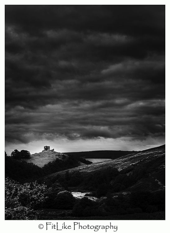 A black and white photograph of Auchindoun Castle, Dufftown, Moray, Scotland.